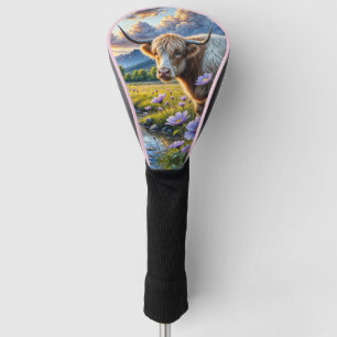 Highland/Longhorn cross Cow in Floral Landscape Golf Head Cover