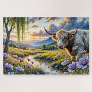 Highland/Longhorn cross Cow in Floral Landscape Jigsaw Puzzle