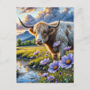 Highland/Longhorn cross Cow in Floral Landscape Postcard