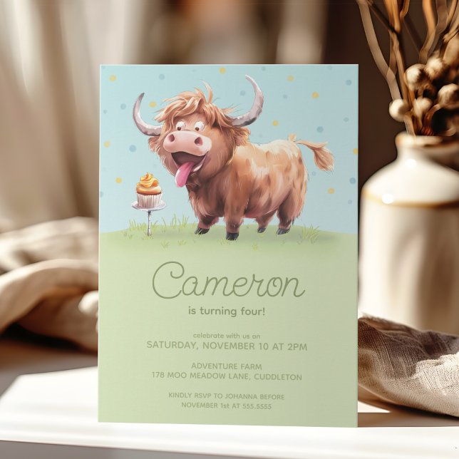 Highland miniature cow kid's birthday celebration invitation (Creator Uploaded)