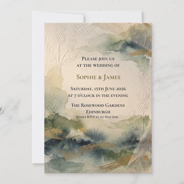 Highland Mist Thistle Landscape Wedding Invitation (Front)