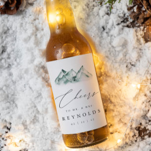 Highland Mountain Watercolor Wedding Beer Bottle Label