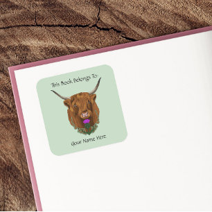 Highland Scottish Cow Purple Celtic  Bookplate Square Sticker
