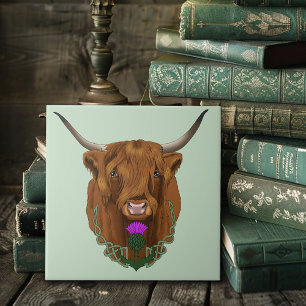Highland Scottish Cow Purple Celtic Thistle Tile