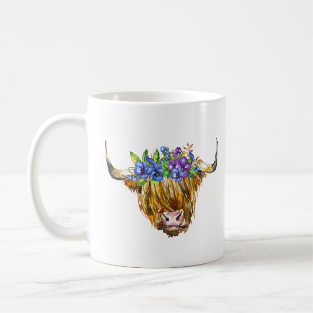 Highland Scottish Cow with Flowers Watercolor Coffee Mug (Left)