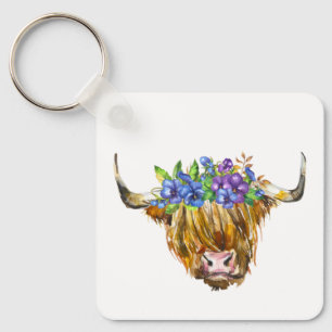 Highland Scottish Cow with Flowers Watercolor    Key Ring