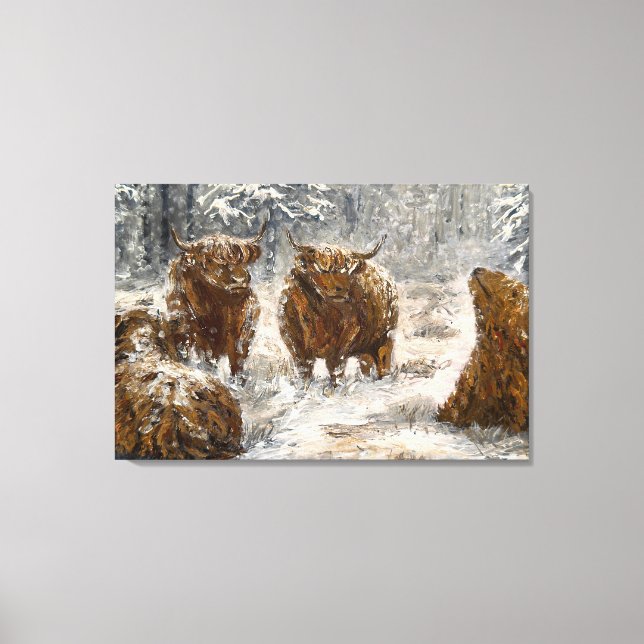  Highland Soul: Whimsical Snowy Cows Vintage Canvas Print (Front)