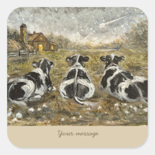  Highland Soul: Whimsical Snowy Cows Vintage Square Sticker