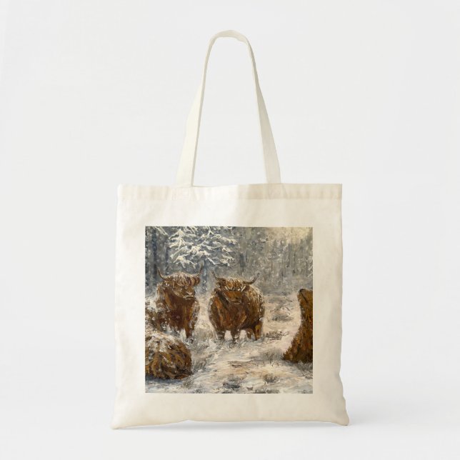  Highland Soul: Whimsical Snowy Cows Vintage Tote Bag (Front)