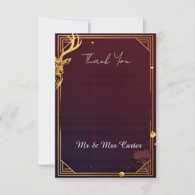 Highland Stag Burgundy Gold Wedding Thank You Card (Front)