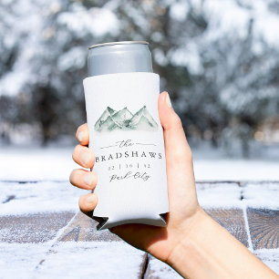 Highland   Watercolor Mountain Wedding Favor Seltzer Can Cooler