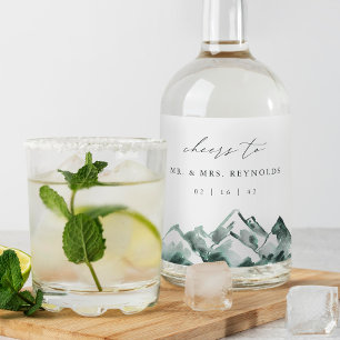 Highland Watercolor Mountain Wedding Liquor Bottle Label