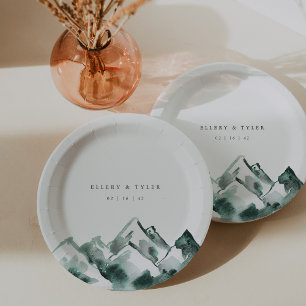 Highland   Watercolor Mountain Wedding Paper Plate