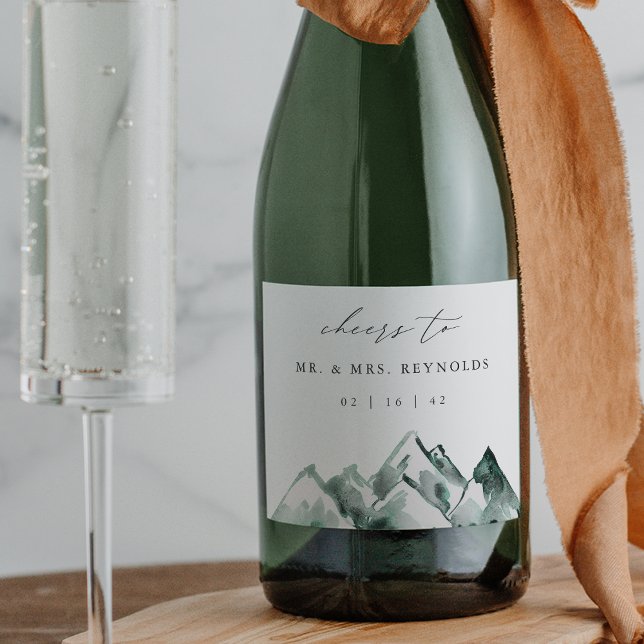 Highland | Watercolor Mountain Wedding Sparkling Wine Label (Creator Uploaded)