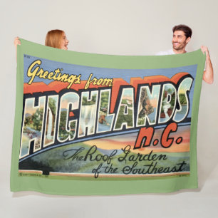 Highlands NC Retro Postcard Fleece Throw Blanket