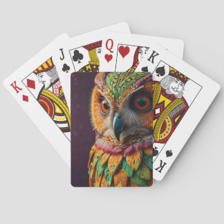 highly detailed owl with psychedelic patterns playing cards