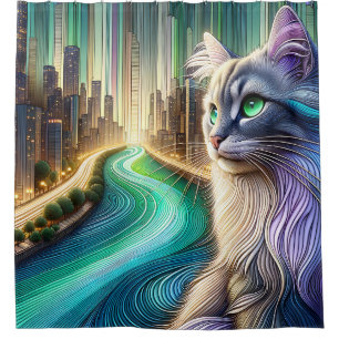 “Highrise Cat with Waterscape View” Shower Curtain