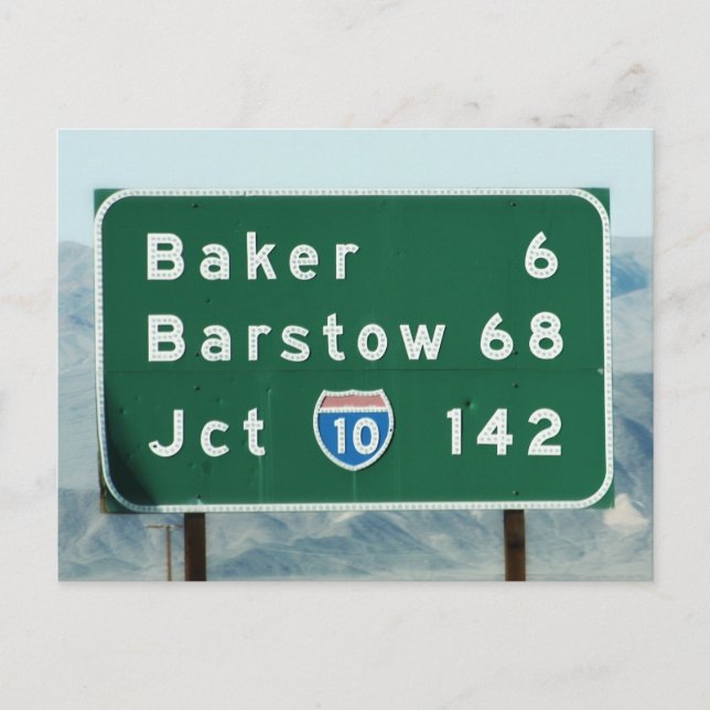 Highway Sign - Miles to Baker & Barstow Postcard (Front)