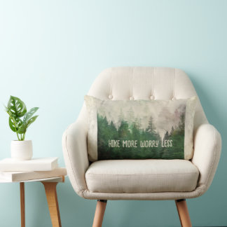 hike more worry less evergreen trees nature art lumbar cushion