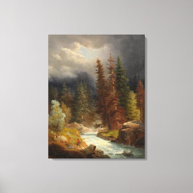 Hiker Beside a Torrential River (by Achenbach) Canvas Print (Front)