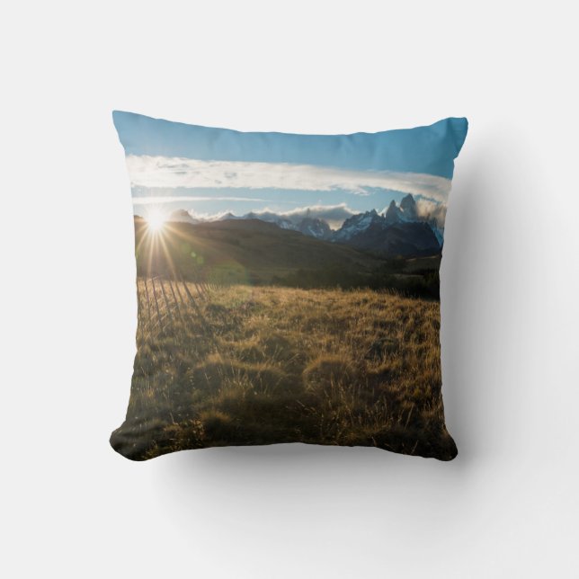 Hiker Looking At Fitz Roy Mountains, Patagonia Cushion (Front)