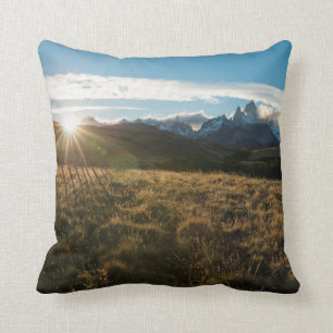 Hiker Looking At Fitz Roy Mountains, Patagonia Cushion