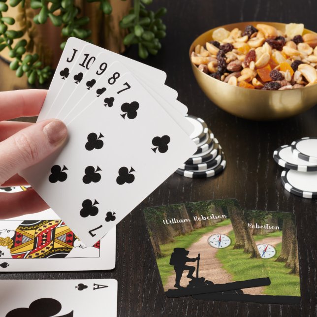 Hiker with Forest Trail and Compass personalise Playing Cards (In Situ)