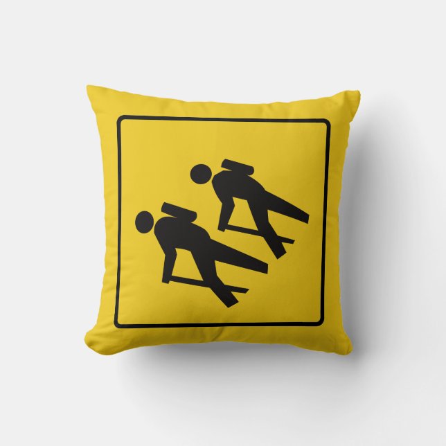 Hikers Ahead warning road sign throw cushion (Front)