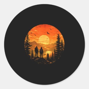 Hikers sunset mountain lake backpacking trek classic round sticker
