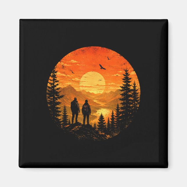 Hikers sunset mountain lake backpacking trek magnet (Front)