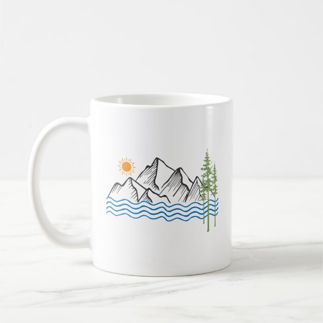 hiking and camping in mountains graphic coffee mug (Left)