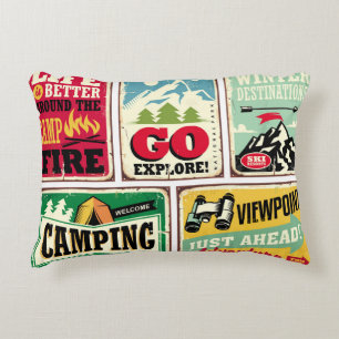 Hiking and camping retro signs collection. Outdoor Decorative Cushion