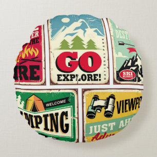Hiking and camping retro signs collection. Outdoor Round Cushion