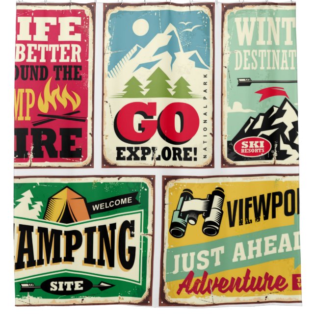 Hiking and camping retro signs collection. Outdoor Shower Curtain (Front)