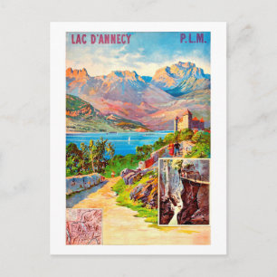Hiking around annecy lake, vintage travel postcard