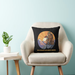 Hiking Bear Coffee Break   Cute Outdoor Explorer's Cushion