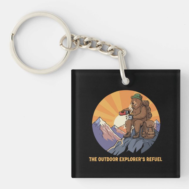 Hiking Bear Coffee Break | Cute Outdoor Explorer's Key Ring (Front)