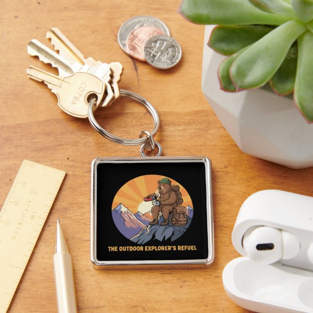 Hiking Bear Coffee Break | Cute Outdoor Explorer's Key Ring (Desk)