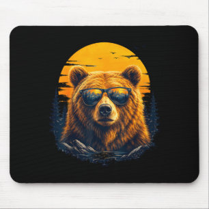 Hiking bear with sunglasses retro mountain art mouse pad