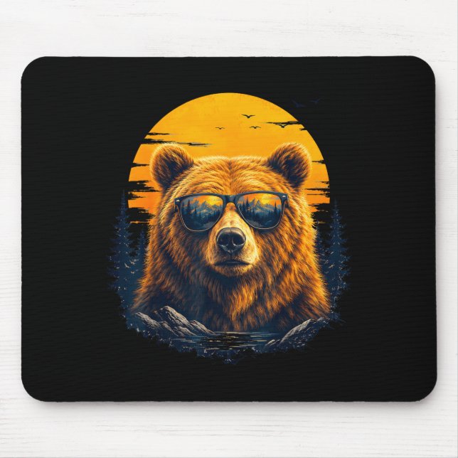 Hiking bear with sunglasses retro mountain art mouse pad (Front)