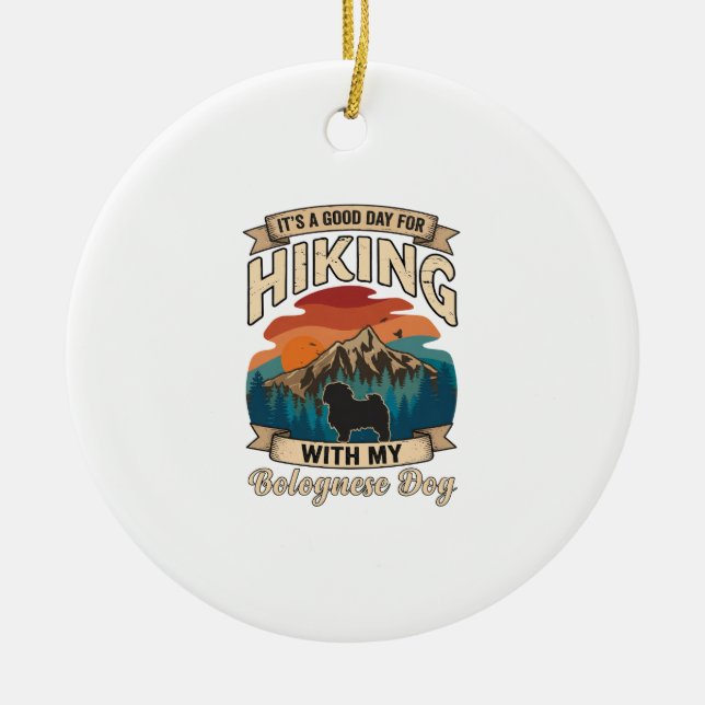Hiking Bolognese Dog Mountains Sunset Ceramic Tree Decoration (Front)