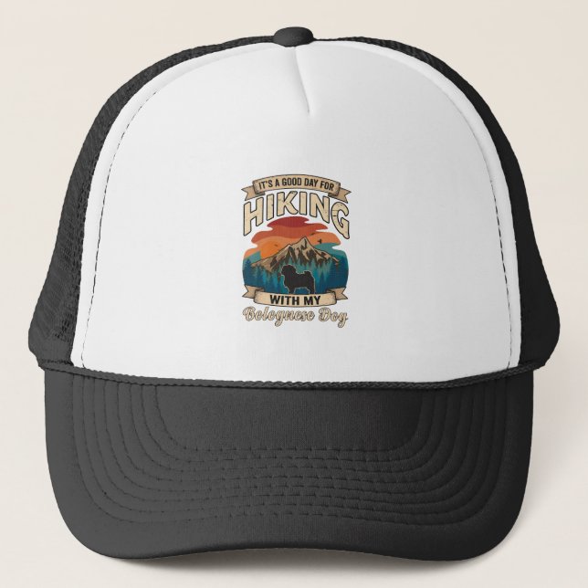 Hiking Bolognese Dog Mountains Sunset Trucker Hat (Front)