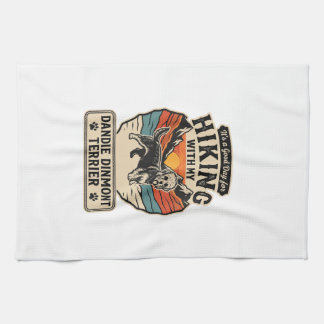 Hiking Dandie Dinmont Terrier Dog Mountain Sunset Tea Towel