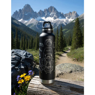 Hiking Essentials Line Art Thor Insulated Black Water Bottle