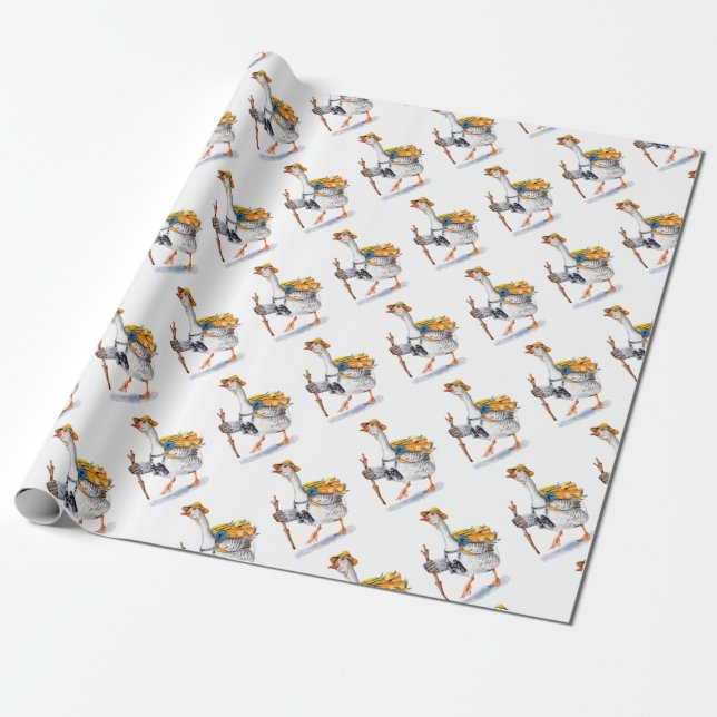 Hiking Goose with Backpack and Binoculars Wrapping Paper (Unrolled)