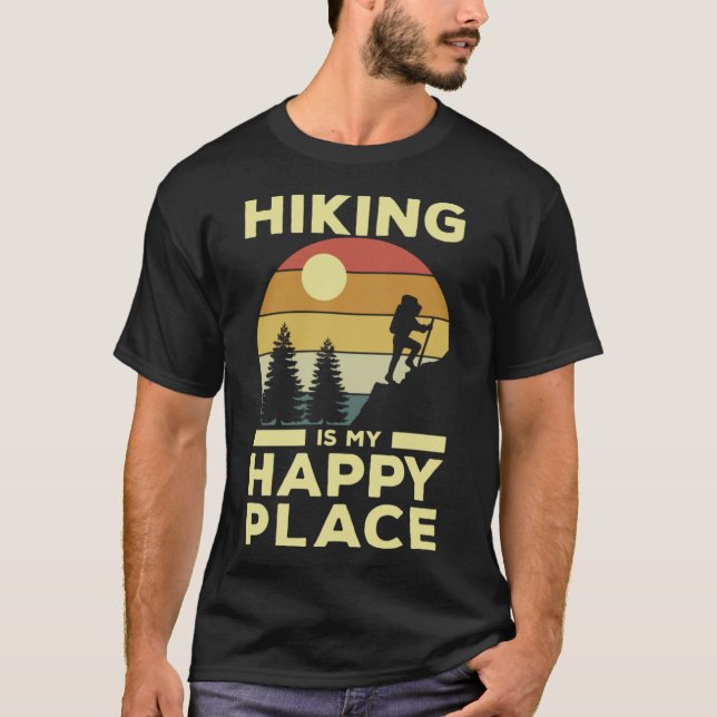 Hiking is My Happy Place Retro Sunset Mountain Cli T-Shirt (Front)