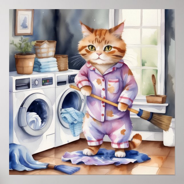 Hilarious Cute Cat in Pyjamas Doing Laundry  Poster (Front)
