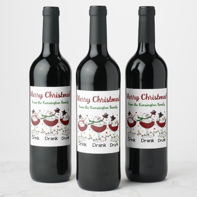 Hilarious “Drink, Drank, Drunk” Snowman and Wine  Label (Bottles)