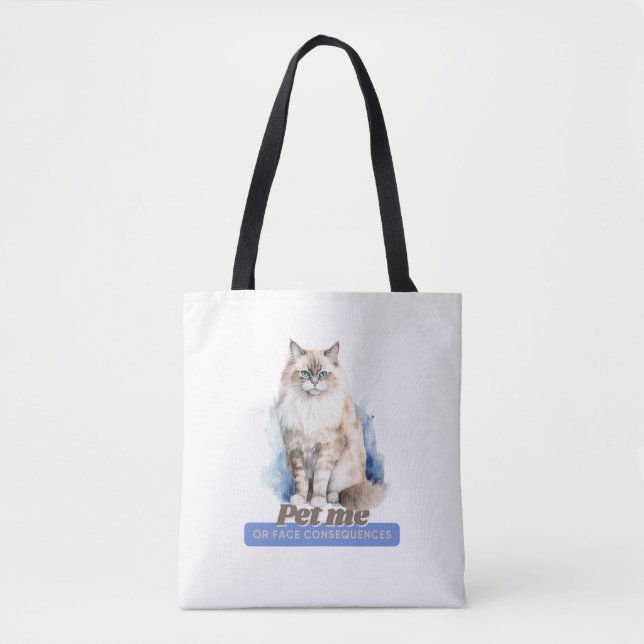 Hilarious “Pet Me or Face Consequences” Cat Tote Bag (Front)