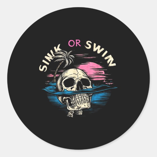 Hilarious Tropical Sunset Skull Sink Ocean Swim Classic Round Sticker (Front)